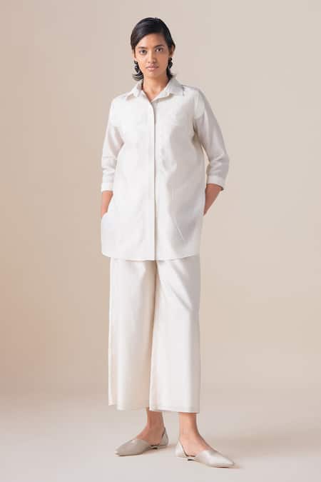 Buy_Ampm_Ivory Chanderi Embroidery Collared Azea Filigree Pattern Shirt  _Online_at_Aza_Fashions