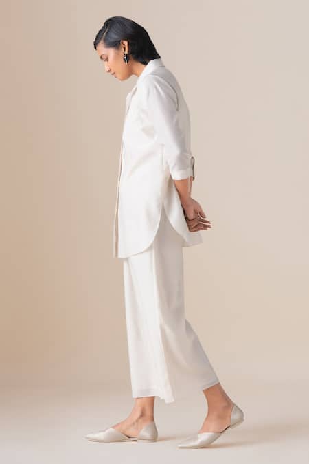 Ampm_Ivory Chanderi Embroidery Collared Azea Filigree Pattern Shirt  _at_Aza_Fashions