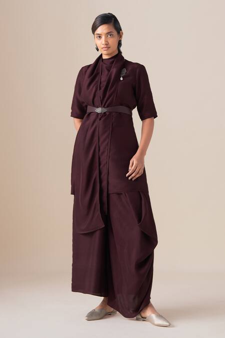 Ampm Burgundy Silk Pearls, Brooches, Buckles Cowl Neck Sera Draped Tunic Palazzo Set Online at Aza Fashions Ampm_Burgundy Silk Pearls, Brooches, Buckles Cowl Neck Sera Draped Tunic Palazzo Set _Online_at_Aza_Fashions