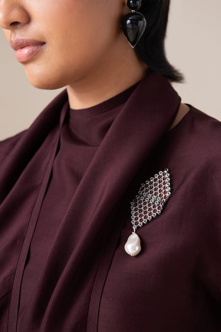 Buy Ampm Burgundy Silk Pearls, Brooches, Buckles Cowl Neck Sera Draped Tunic Palazzo Set Online at Aza Fashions Buy_Ampm_Burgundy Silk Pearls, Brooches, Buckles Cowl Neck Sera Draped Tunic Palazzo Set _Online_at_Aza_Fashions