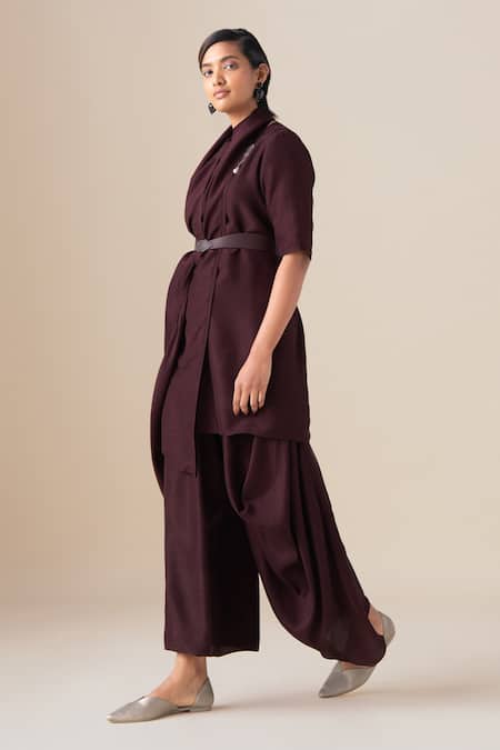 Shop Ampm Burgundy Silk Pearls, Brooches, Buckles Cowl Neck Sera Draped Tunic Palazzo Set Online at Aza Fashions Shop_Ampm_Burgundy Silk Pearls, Brooches, Buckles Cowl Neck Sera Draped Tunic Palazzo Set _Online_at_Aza_Fashions