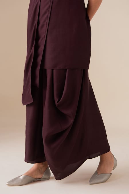 Ampm Burgundy Silk Pearls, Brooches, Buckles Cowl Neck Sera Draped Tunic Palazzo Set at Aza Fashions Ampm_Burgundy Silk Pearls, Brooches, Buckles Cowl Neck Sera Draped Tunic Palazzo Set _at_Aza_Fashions