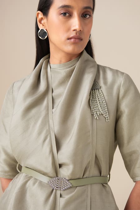 Buy_Ampm_Beige Silk Brooches Shawl Neck Sera Draped Tunic Palazzo Set _Online_at_Aza_Fashions