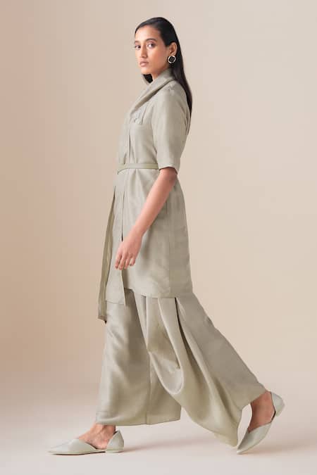 Shop_Ampm_Beige Silk Brooches Shawl Neck Sera Draped Tunic Palazzo Set _Online_at_Aza_Fashions