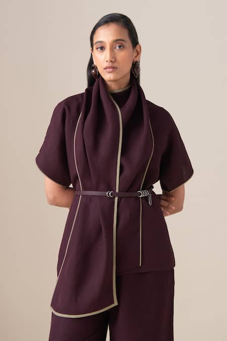 Ampm_Burgundy Linen Shawl Neck Dilnami Top And Palazzo Set _Online_at_Aza_Fashions