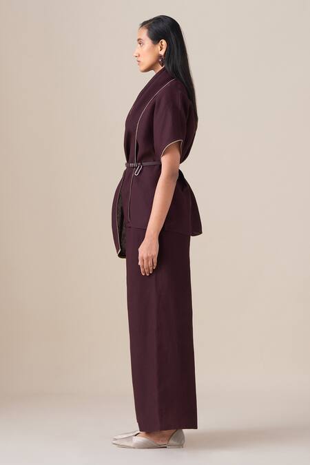 Buy_Ampm_Burgundy Linen Shawl Neck Dilnami Top And Palazzo Set _Online_at_Aza_Fashions