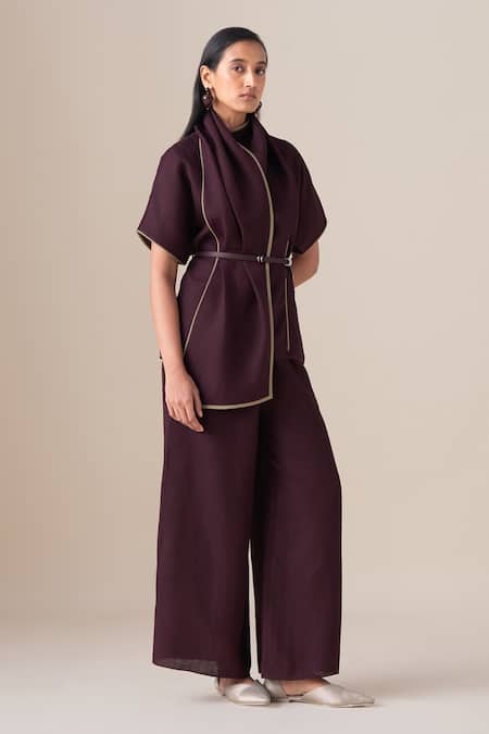 Shop_Ampm_Burgundy Linen Shawl Neck Dilnami Top And Palazzo Set _Online_at_Aza_Fashions