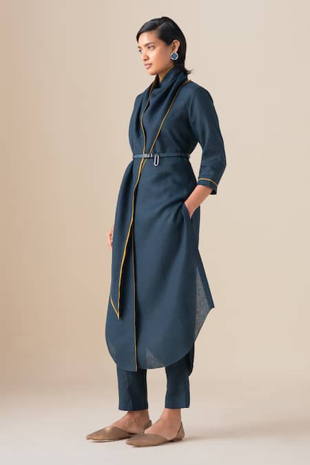 Buy_Ampm_Blue Linen Shawl Neck Dilawar Tunic And Pant Set _Online_at_Aza_Fashions