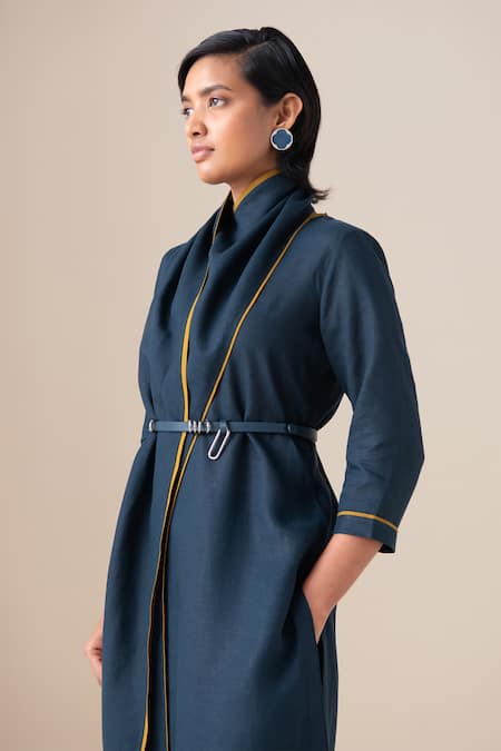 Shop_Ampm_Blue Linen Shawl Neck Dilawar Tunic And Pant Set _Online_at_Aza_Fashions