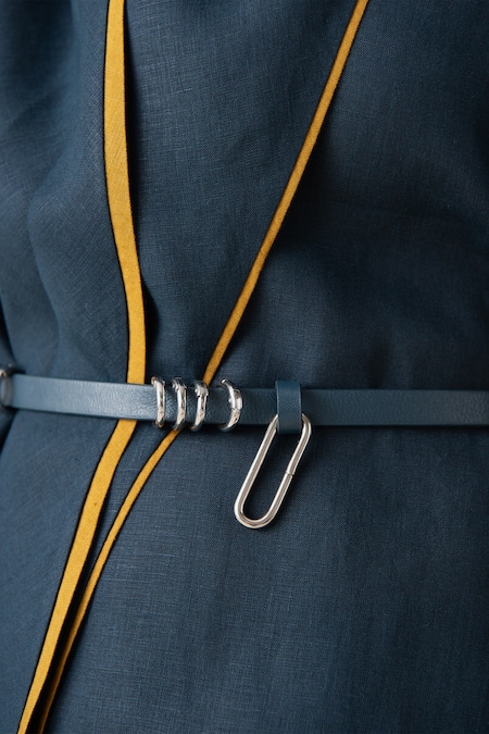 Ampm_Blue Linen Shawl Neck Dilawar Tunic And Pant Set _at_Aza_Fashions