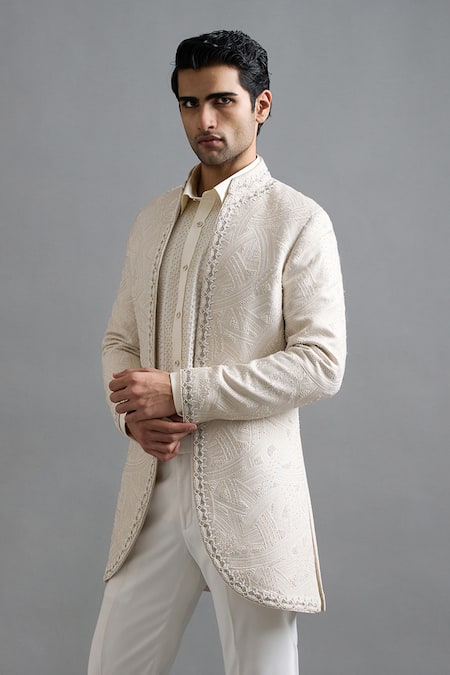 Gargee Designers_Ivory Jacquard Embroidery Shubhra Jacket Pant Set _Online_at_Aza_Fashions