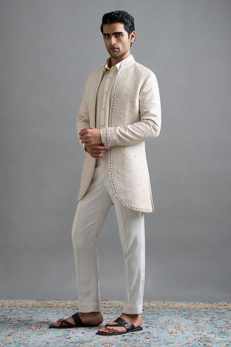 Buy_Gargee Designers_Ivory Jacquard Embroidery Shubhra Jacket Pant Set _Online_at_Aza_Fashions