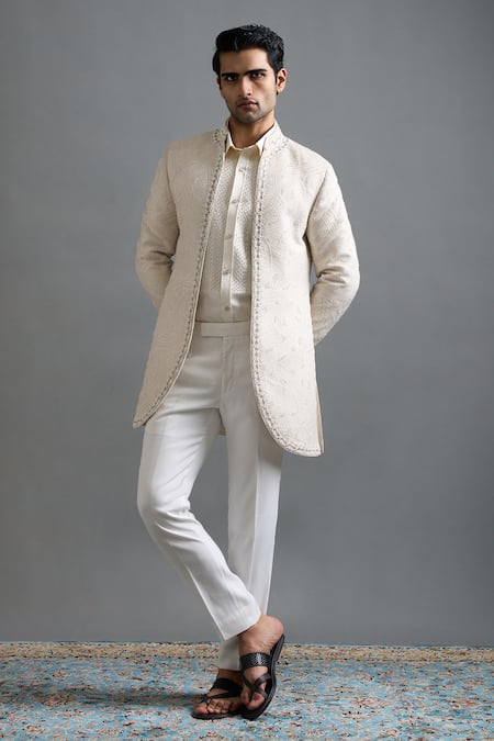 Shop_Gargee Designers_Ivory Jacquard Embroidery Shubhra Jacket Pant Set _Online_at_Aza_Fashions
