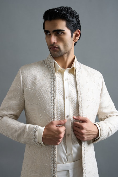 Gargee Designers_Ivory Jacquard Embroidery Shubhra Jacket Pant Set _at_Aza_Fashions