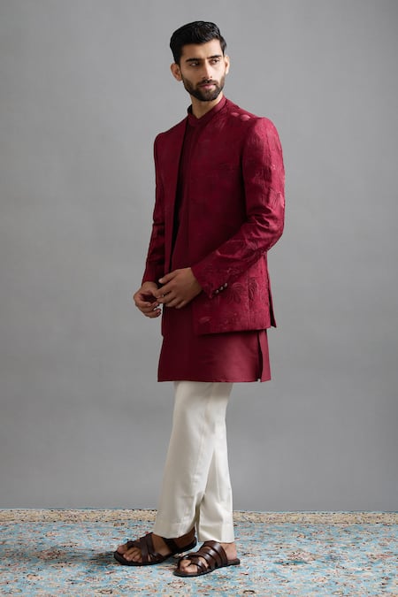 Shop Gargee Designers Maroon Dupion Embroidery Majesty Jacket Set Online at Aza Fashions Shop_Gargee Designers_Maroon Dupion Embroidery Majesty Jacket Set _Online_at_Aza_Fashions