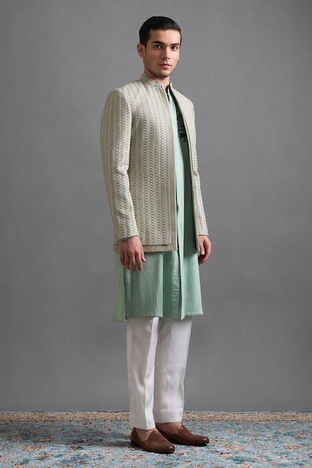 Gargee Designers Ivory Dupion Embroidery Mint Majesty Jacket Set Online at Aza Fashions Gargee Designers_Ivory Dupion Embroidery Mint Majesty Jacket Set _Online_at_Aza_Fashions