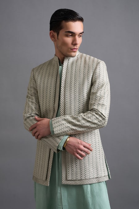 Gargee Designers Ivory Dupion Embroidery Mint Majesty Jacket Set at Aza Fashions Gargee Designers_Ivory Dupion Embroidery Mint Majesty Jacket Set _at_Aza_Fashions