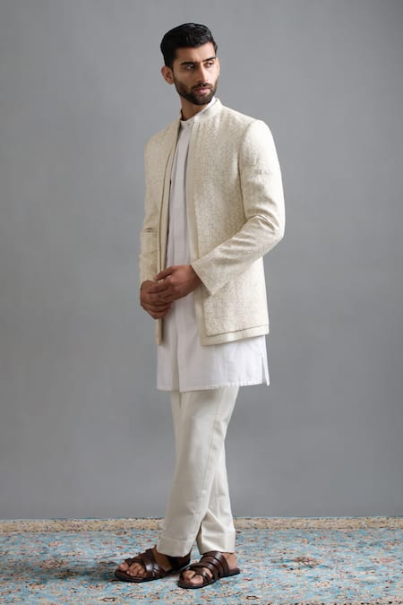 Gargee Designers_Ivory Dupion Embroidery, Zari Radiance Jacket Kurta Set _Online_at_Aza_Fashions
