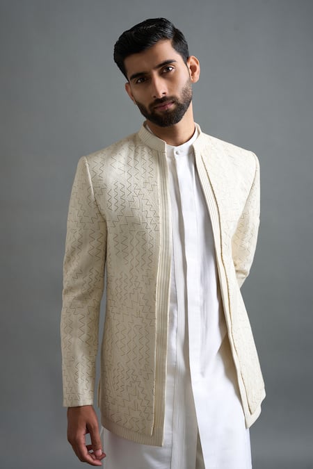 Gargee Designers_Ivory Dupion Embroidery, Zari Radiance Jacket Kurta Set _at_Aza_Fashions