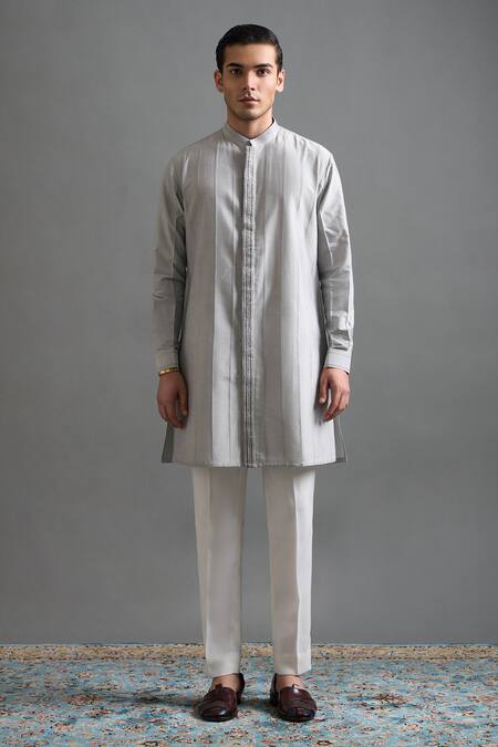 Buy_Gargee Designers_Silver Silk Zari Nakshatra Embroidered Jacket Kurta Set _Online_at_Aza_Fashions