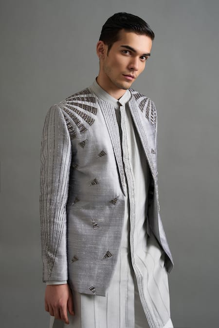 Shop_Gargee Designers_Silver Silk Zari Nakshatra Embroidered Jacket Kurta Set _Online_at_Aza_Fashions