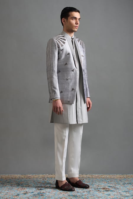 Gargee Designers_Silver Silk Zari Nakshatra Embroidered Jacket Kurta Set _at_Aza_Fashions