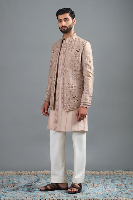 Buy_Gargee Designers_Beige Silk Embroidery Surya Jacket Kurta Set _Online_at_Aza_Fashions