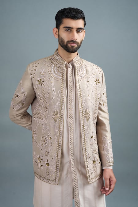 Shop_Gargee Designers_Beige Silk Embroidery Surya Jacket Kurta Set _Online_at_Aza_Fashions