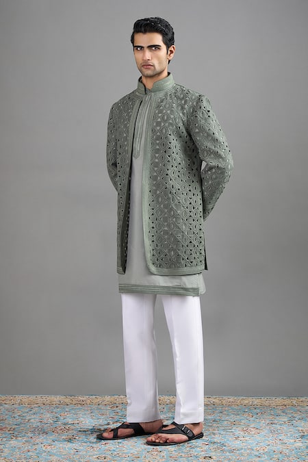 Gargee Designers Green Suede Cut Work Vana Jacket Kurta Set at Aza Fashions Gargee Designers_Green Suede Cut Work Vana Jacket Kurta Set _at_Aza_Fashions