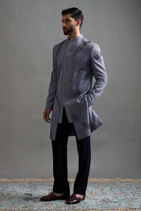 Buy_Gargee Designers_Grey Silk, Cotton Beads Aarohan Work Sherwani Set _Online_at_Aza_Fashions