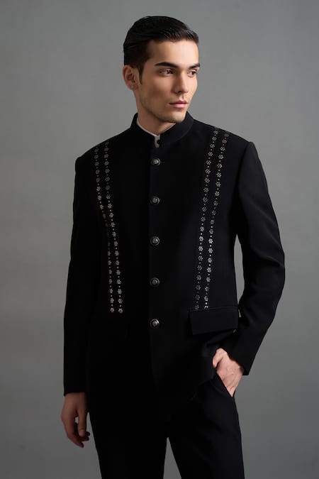 Gargee Designers_Black Polyester Zari, Metallic Thread Adarsh Work Jodhpuri Pant Set _Online_at_Aza_Fashions