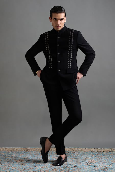 Shop_Gargee Designers_Black Polyester Zari, Metallic Thread Adarsh Work Jodhpuri Pant Set _Online_at_Aza_Fashions