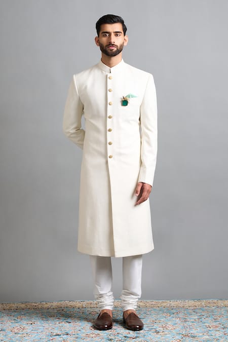 Buy_Gargee Designers_Ivory Jacquard Brooches Arjun Sherwani Set _Online_at_Aza_Fashions