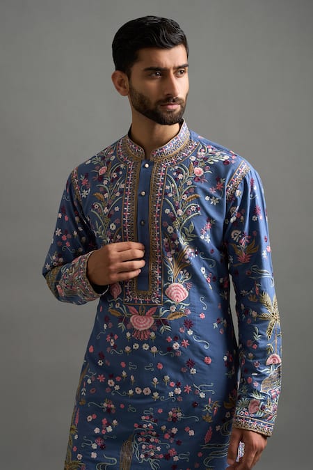 Gargee Designers_Blue Silk, Cotton Embroidery Mayur Vilas Kurta Set _Online_at_Aza_Fashions