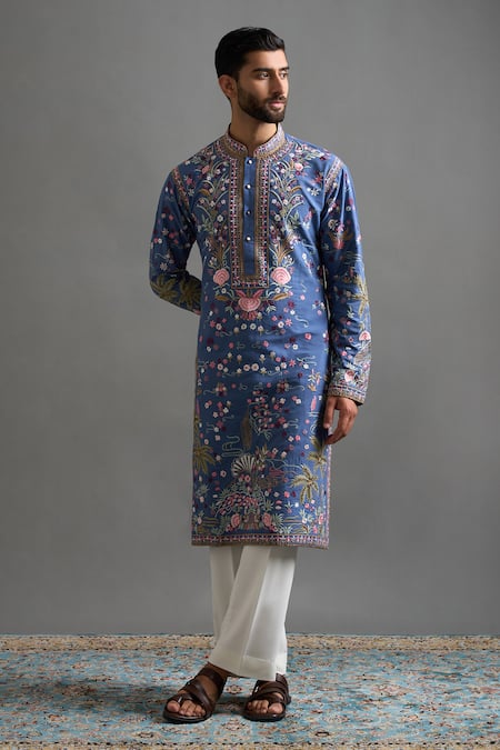 Buy_Gargee Designers_Blue Silk, Cotton Embroidery Mayur Vilas Kurta Set _Online_at_Aza_Fashions