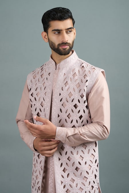 Buy_Gargee Designers_Pink Suede Cut Work Jaal Bundi Kurta Set _Online_at_Aza_Fashions