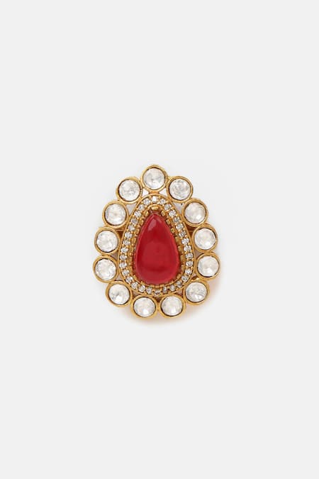 Ruby Raang_Gold Plated Pearls, Stones, Crystals Brass Kundan Brooch _Online_at_Aza_Fashions