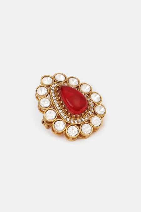 Shop_Ruby Raang_Gold Plated Pearls, Stones, Crystals Brass Kundan Brooch _Online_at_Aza_Fashions