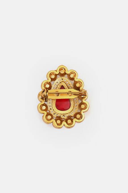 Ruby Raang_Gold Plated Pearls, Stones, Crystals Brass Kundan Brooch _at_Aza_Fashions