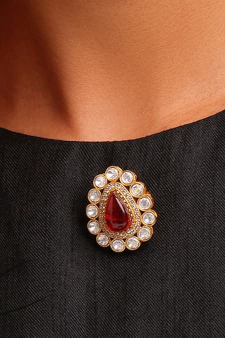 Ruby Raang Brass Kundan Brooch 