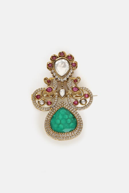 Buy_Ruby Raang_Emerald Green Stones, Crystals, Brass Kundan Brooch _Online_at_Aza_Fashions