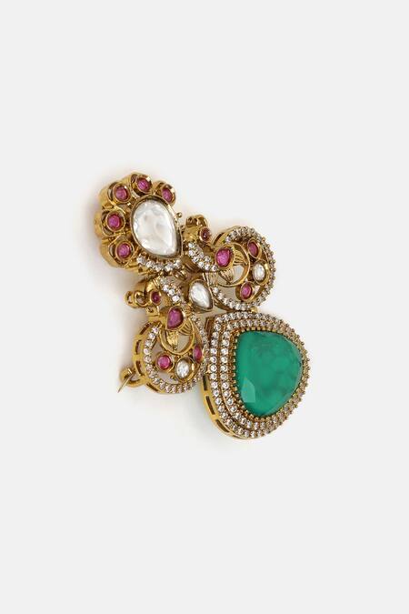 Shop_Ruby Raang_Emerald Green Stones, Crystals, Brass Kundan Brooch _Online_at_Aza_Fashions