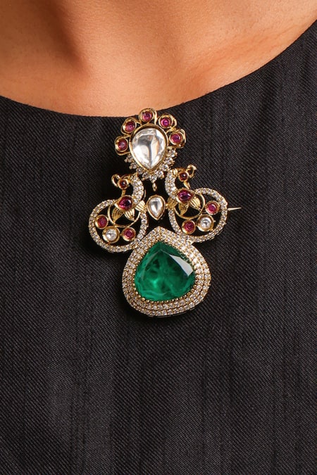 Ruby Raang Brass Kundan Brooch 