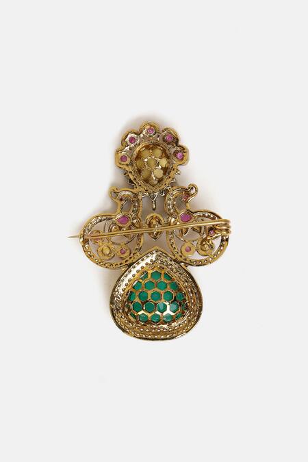 Ruby Raang_Emerald Green Stones, Crystals, Brass Kundan Brooch _at_Aza_Fashions
