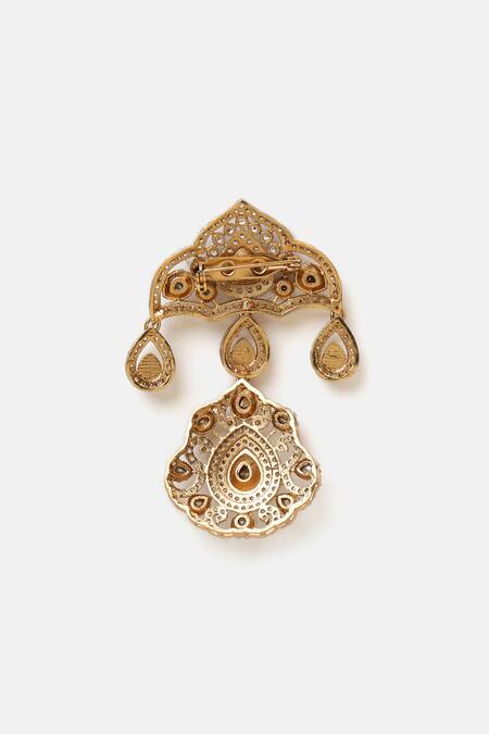 Ruby Raang_White Pearls, Stones, Mirrors, Crystals Kundan Brass Brooch _Online_at_Aza_Fashions