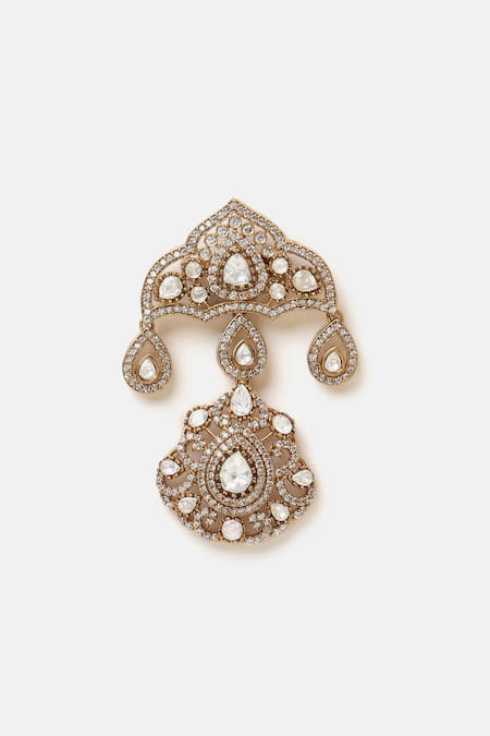 Buy_Ruby Raang_White Pearls, Stones, Mirrors, Crystals Kundan Brass Brooch _Online_at_Aza_Fashions