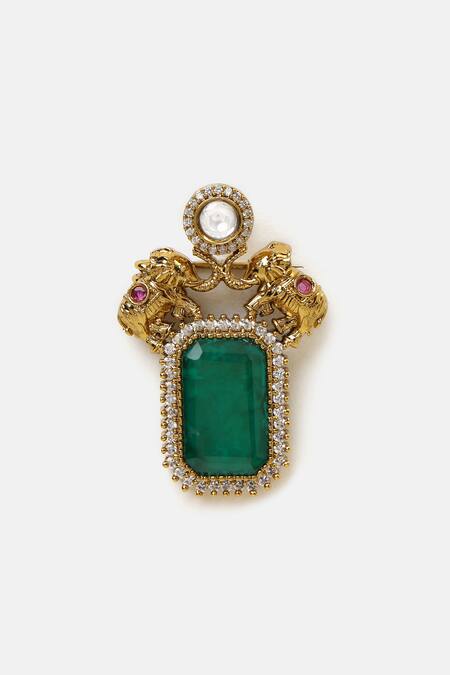 Ruby Raang_Green Stones Kundan Brass Brooch _Online_at_Aza_Fashions
