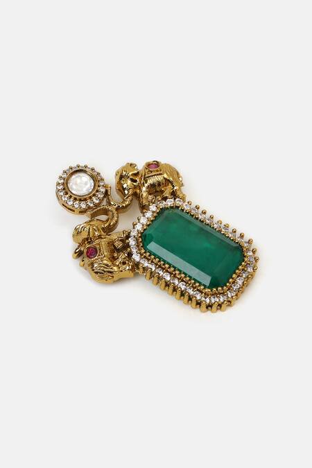 Buy_Ruby Raang_Green Stones Kundan Brass Brooch _Online_at_Aza_Fashions