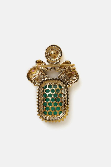 Buy_Ruby Raang_Green Stones Kundan Brass Brooch 