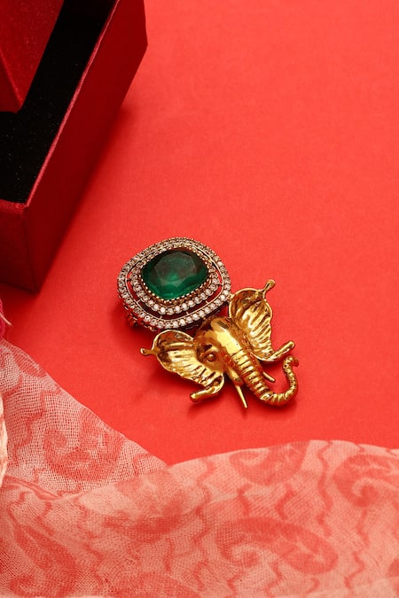 Ruby Raang Brass Gold Elephant Brooch 